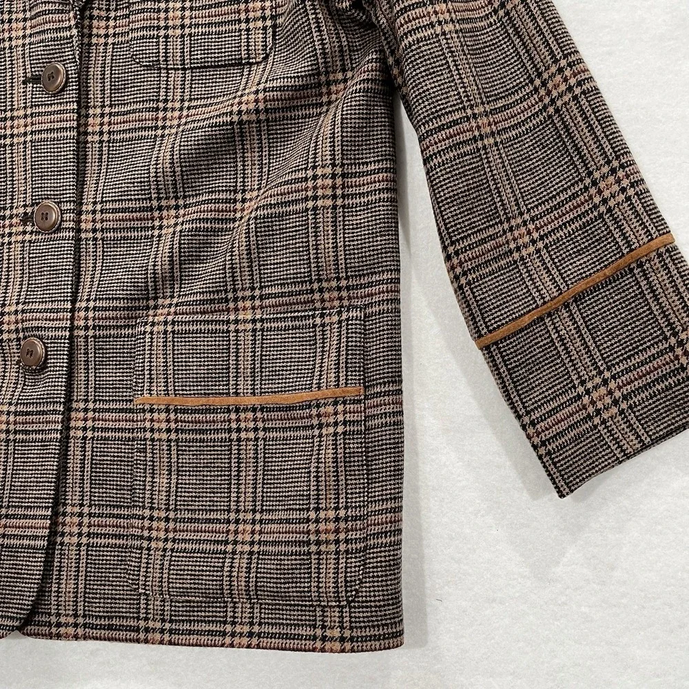 Wool Plaid Blazer Harve Bernard  With Suede Leather Trim Womens Size 12 Vintage